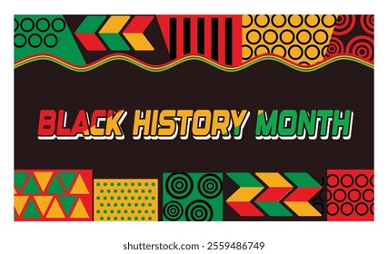 A vibrant geometric design celebrating Black History Month. Use of bright colors and patterns for celebratory and cultural themes. Black History Month concept. Flat vector illustration.