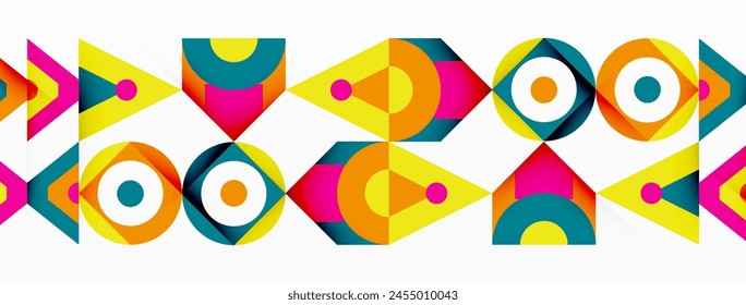 Un diseño geométrico vibrante con flechas, círculos y triángulos en un patrón simétrico. Los tonos y tonos coloridos crean un impacto visual llamativo en un fondo blanco