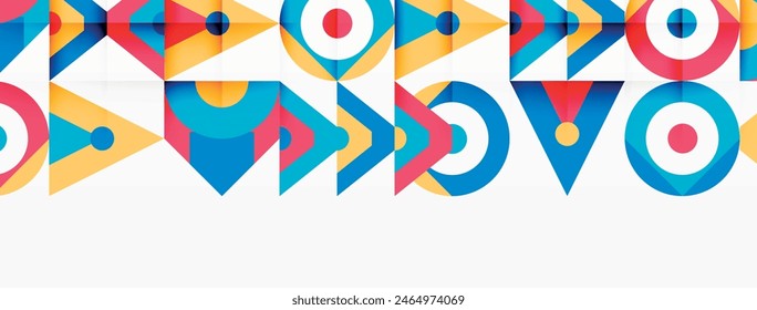 A vibrant geometric design featuring arrows and circles set against a white backdrop, displaying a mix of shapes and colors