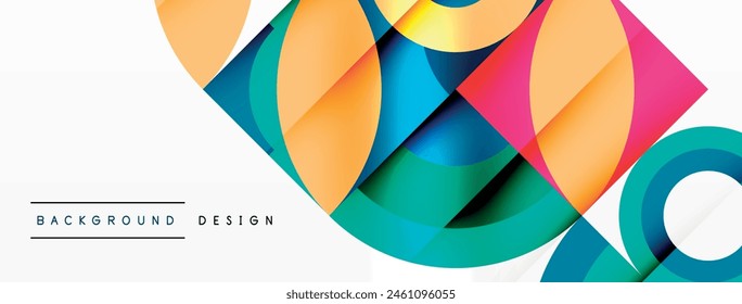 Ein lebendiges geometrisches Design mit Kreisen und Quadraten in elektrischem Blau und verschiedenen Farbtönen und Schattierungen auf weißem Hintergrund, die Symmetrie und künstlerische Muster zeigen