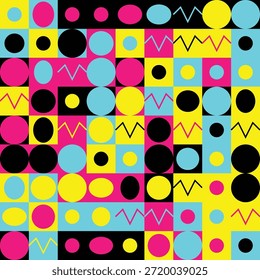 Vibrant geometric design featuring circles and zigzag lines isolated on a transparent background