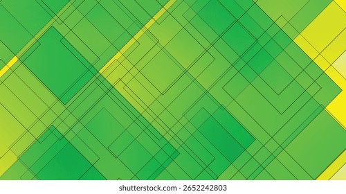 A vibrant geometric design featuring overlapping green and yellow squares outlined with black lines, creating a modern and dynamic abstract pattern.