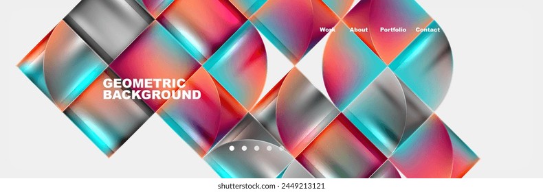 A vibrant geometric design featuring squares and circles in shades of azure, pink, and aqua on a white background. Symmetrical patterns and bold colors create a visually stunning material property
