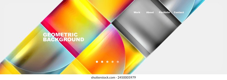 A vibrant geometric design featuring squares and circles in shades of orange and liquid blues on a white background, creating a dynamic pattern reminiscent of stained glass