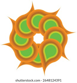 A vibrant geometric design featuring a starburst pattern with orange petals and green centers against a white background.