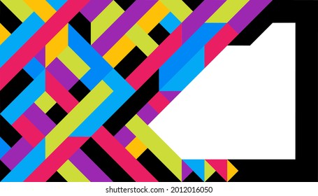 Vibrant geometric design with interwoven multicolored lines on a black background,forming a dynamic and structured abstract pattern with a white space area on the right.