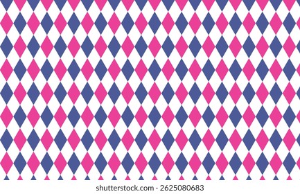 Vibrant geometric diamond pattern in pink, blue, and white. Ideal for seamless backgrounds, textiles, wallpapers, and digital projects with a modern aesthetic.