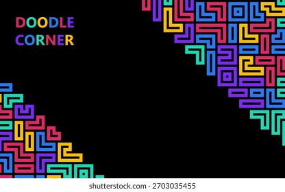 Vibrant geometric doodle corner frame featuring a colorful abstract line pattern on a black background for digital design