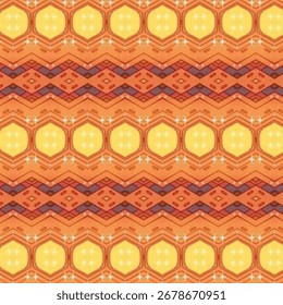 Vibrant geometric ethnic pattern in warm orange and yellow tones, perfect for textile, wallpaper, or abstract design projects. Keywords: geometric, ethnic, pattern, abstract, vibrant.