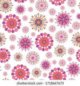 Vibrant geometric floral blooms and stars. Pattern for fabric, backgrounds, wrapping, textile, wallpaper, apparel. Vector illustration.