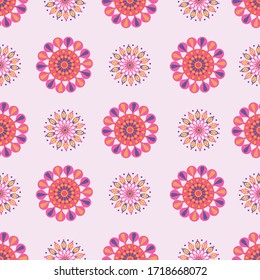 Vibrant geometric floral blooms, stars, flowers. Pattern for fabric, backgrounds, wrapping, textile, wallpaper, apparel. Vector illustration.