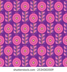 Vibrant geometric floral design features pink flowers beautifully against a stunning purple background