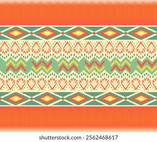 Vibrant Geometric and Floral Pattern with Bold Colors and Symmetrical Design, Featuring Diamond Shapes, Chevron Patterns, and Abstract Floral Motifs an Intricate and Ornamental Visual