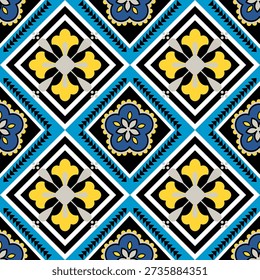 A vibrant geometric floral pattern showcasing symmetrical arrangement of flowers within diamonds, evoking a sense of artistic harmony and visual delight.