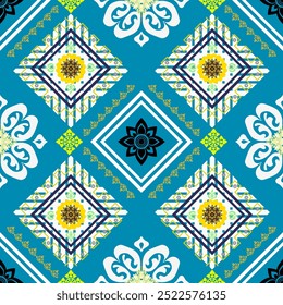 Vibrant geometric floral pattern in turquoise and yellow