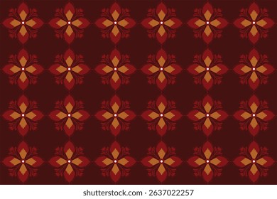 A vibrant geometric floral pattern in warm red, orange, and yellow tones on a dark background, creating a bold and energetic textile design.