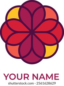 Vibrant geometric flower logo design with overlapping petal shapes in rich hues of red, orange, and yellow, outlined with a bold maroon border. This symmetrical and modern design combines simplicity w