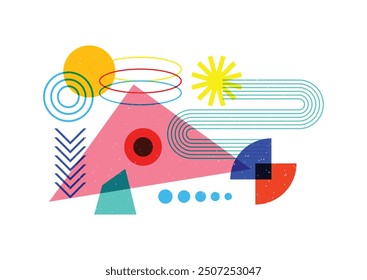 Vibrant geometric forms accompanied by two speech bubbles. The object features a contemporary risograph design. It embodies abstract geometric elements with a textured risograph print style.