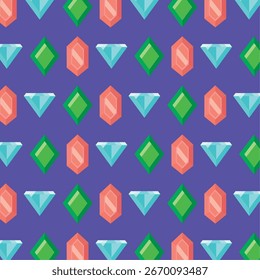 Patrón de gemas geométricas vibrantes con diamantes y cristales en púrpura con Ilustración vectorial de diseño de piedras preciosas