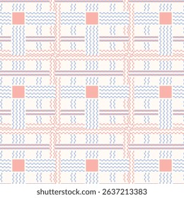 Vibrant Geometric Grid with Pink Squares and Wavy Blue Lines