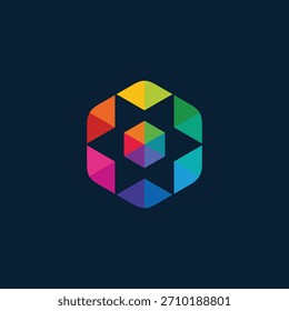Design vibrante do logotipo hexágono geométrico apresentando um conceito abstrato multifacetado com uma paleta de cores arco-íris, simbolizando inovação, conexão e progresso moderno dinâmico
