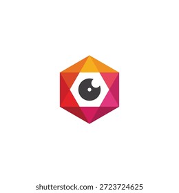 Vibrante diseño geométrico del logotipo del hexágono con un símbolo abstracto del ojo en su núcleo, mostrando la creatividad moderna y una representación visual dinámica de la visión, la percepción y la visión enfocada