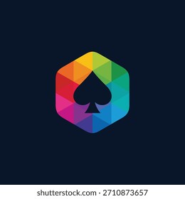 Vibrant geometric hexagon logo featuring a bold black spade symbol, filled with a dynamic rainbow gradient. This modern graphic design embodies concepts of gaming, luck, and creative identity
