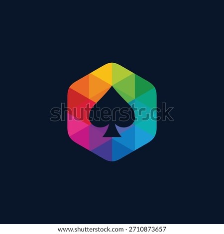 Vibrant geometric hexagon logo featuring a bold black spade symbol, filled with a dynamic rainbow gradient. This modern graphic design embodies concepts of gaming, luck, and creative identity