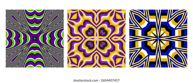 Vibrant geometric illusion patterns with a bold color palette. Inspired by optical art and retro aesthetics. Perfect for textile design, backgrounds, and modern decor.