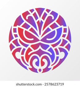 A vibrant geometric illustration of a circular tribal design, featuring intricate red and blue gradient patterns on a white background. Colorful Geometric Circular Tribal Design