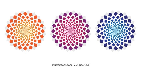 A vibrant geometric illustration featuring three intricate radial patterns.