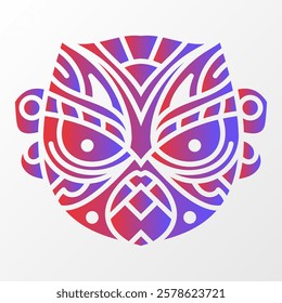 A vibrant geometric illustration of a monkey-inspired mask with intricate tribal patterns, featuring red and blue gradient on a white background. Colorful Geometric Monkey Mask Illustration