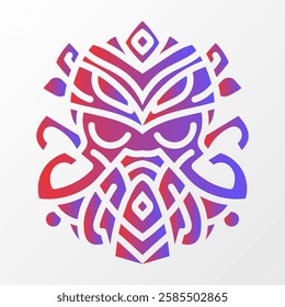 A vibrant geometric illustration of an octopus-inspired mask with intricate tribal patterns, featuring red and blue gradient on a white background. Colorful Geometric Octopus Mask Illustration