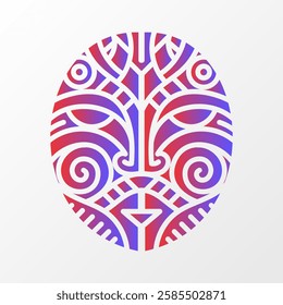 A vibrant geometric illustration of a tribal-inspired mask, featuring intricate patterns in red and blue gradient on a white background. Colorful Geometric Tribal Mask Illustration