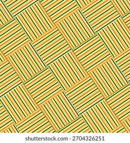 A vibrant geometric layout of square tiles featuring yellow, red, and green stripes in a diagonal grid. Perfect as a colorful background, wall art, textile texture,