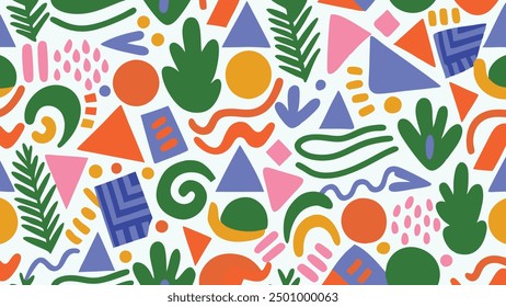 Vibrant geometric line art seamless pattern. Creative boho style art background for kids' rooms or modern decor with abstract shapes. Playful artistic scribble backdrop