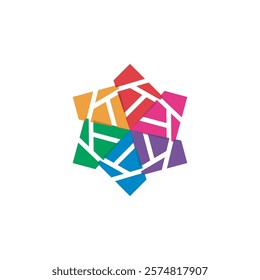 A vibrant geometric logo featuring a star-like shape made of colorful polygonal segments divided by white lines. The design uses red, orange, green, blue, and purple, symbolizing diversity and creativ