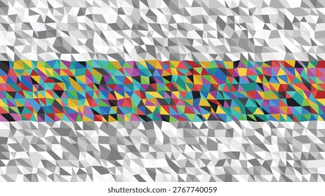 Vibrant geometric low poly abstract background with a colorful polygonal mosaic band contrasting against grayscale faceted patterns, modern digital art for technology and design.