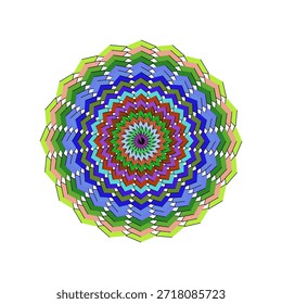 Um design de mandala geométrica vibrante com padrões de chevron repetitivos e anéis coloridos