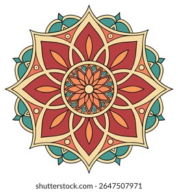 Vibrant geometric mandala design with intricate patterns, perfect for spiritual art, meditation, or decorative backgrounds.
