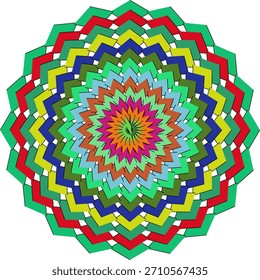 Vibrant geometric mandala design with layered colorful shapes creating a mesmerizing symmetrical pattern