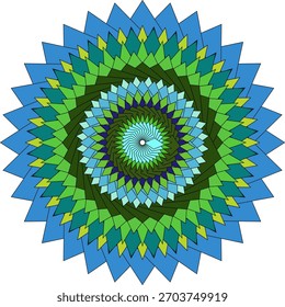 Vibrant geometric mandala pattern with blue green and yellow tones for design
