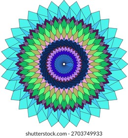 Vibrante padrão de mandala geométrica fractal art radial design azul verde roxo