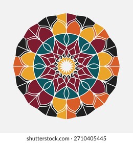 Un Vector de mandala vibrante y geométrico con rellenos coloridos y contornos blancos, perfecto para fondos decorativos o arte abstracto.