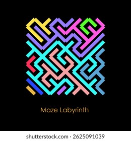 Diseño de Vector de laberinto geométrico vibrante con caminos multicolores sobre fondo negro. Ideal para rompecabezas, juegos, decoración moderna o temas educativos