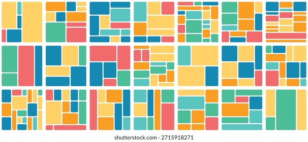 Vibrant geometric modules arranged in balanced interface design. Perfect for modern web applications with clear visual hierarchy and organized content sections.