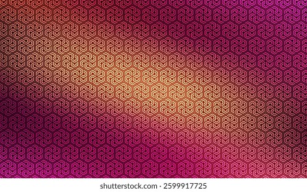Vibrant geometric mosaic with interlocking forms in a gradient of pink, red and gold, showcasing repeating abstract elements on a textured plane, suitable for various creative applications
