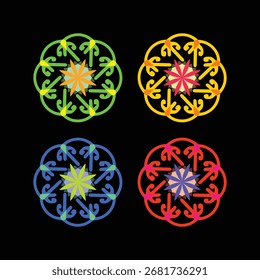 Um padrão ornamental geométrico vibrante com elementos de redemoinho em tons verdes, amarelos, azuis e vermelhos, perfeito para elementos decorativos, identidade visual e aplicações artísticas.