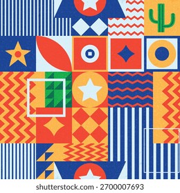 vibrant geometric patchwork pattern using a primary palette of red blue yellow and white features tiled motifs like stars stripes chevrons and a cactus offering a maximalist pop aesthetic vector