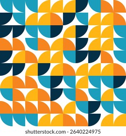 A vibrant, geometric pattern of blue, orange, and yellow quarter circles.
